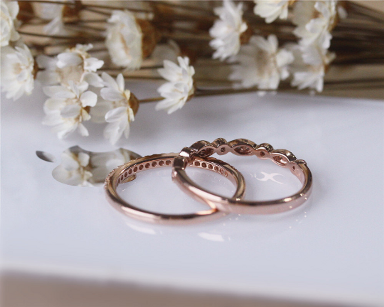 18k Rose Gold Engagement Ring With Matching Eternity Band