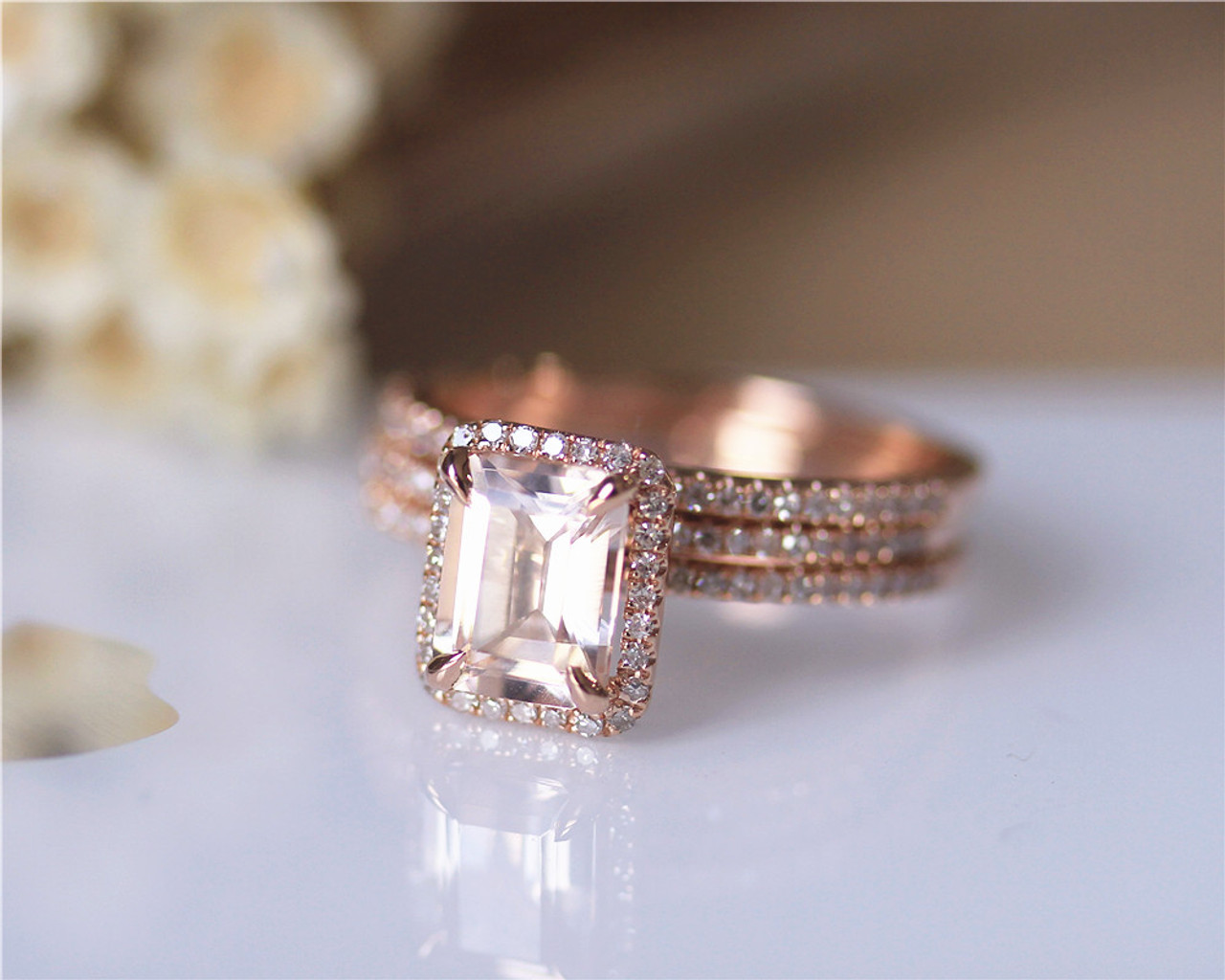 3PCS ring set Emerald Cut 14K Rose Gold Morganite Ring Set