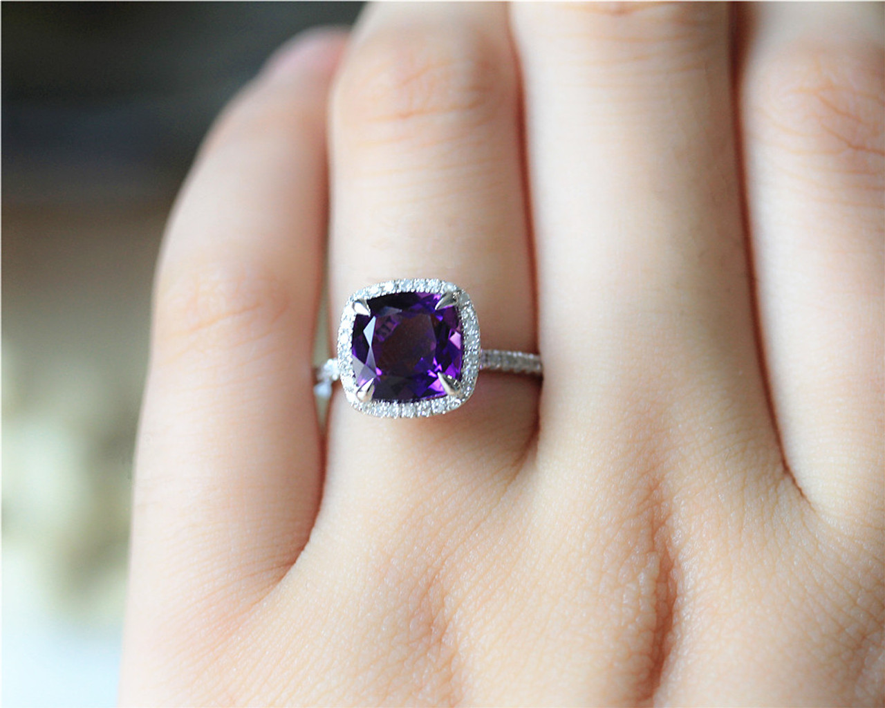 cushion cut amethyst and diamond ring