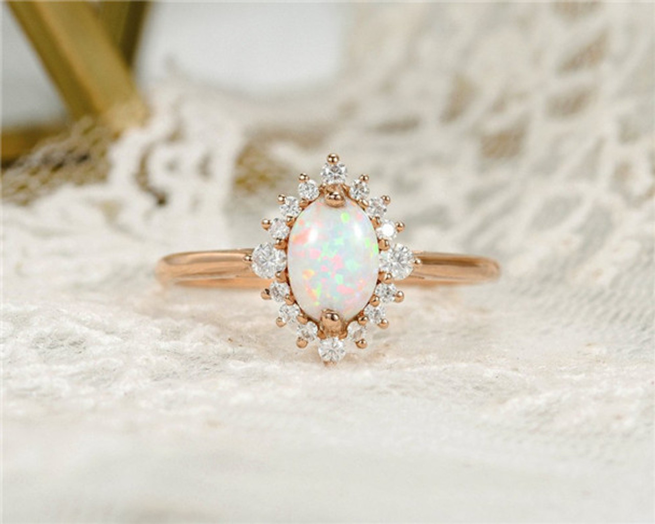 Opal Engagement Ring Rose Gold Oval Cut Moissanite Halo Eternity Unique ...