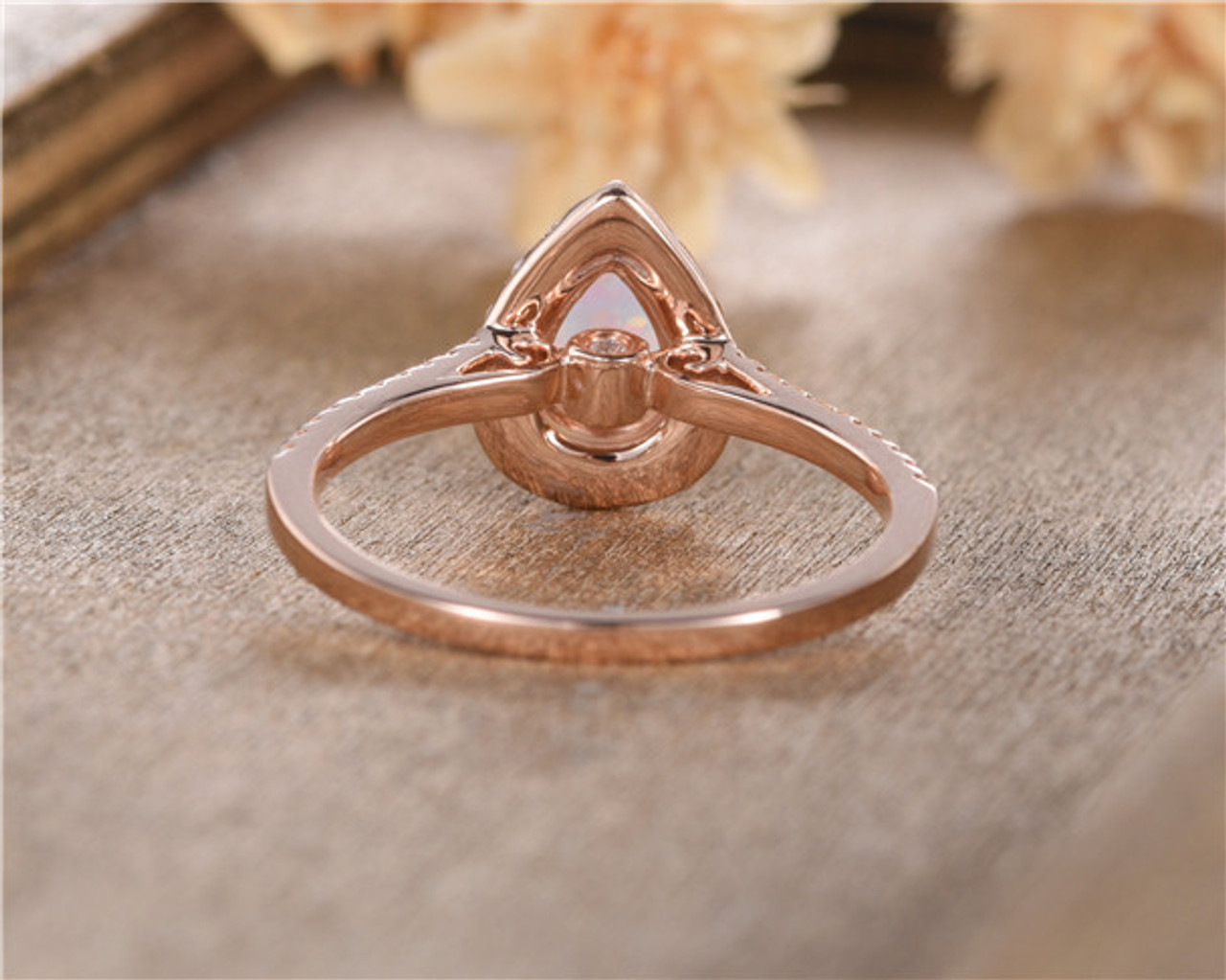 Pear Cut Opal Engagement Ring Rose Gold Oval Cut Lab Opal Halo Diamond ...