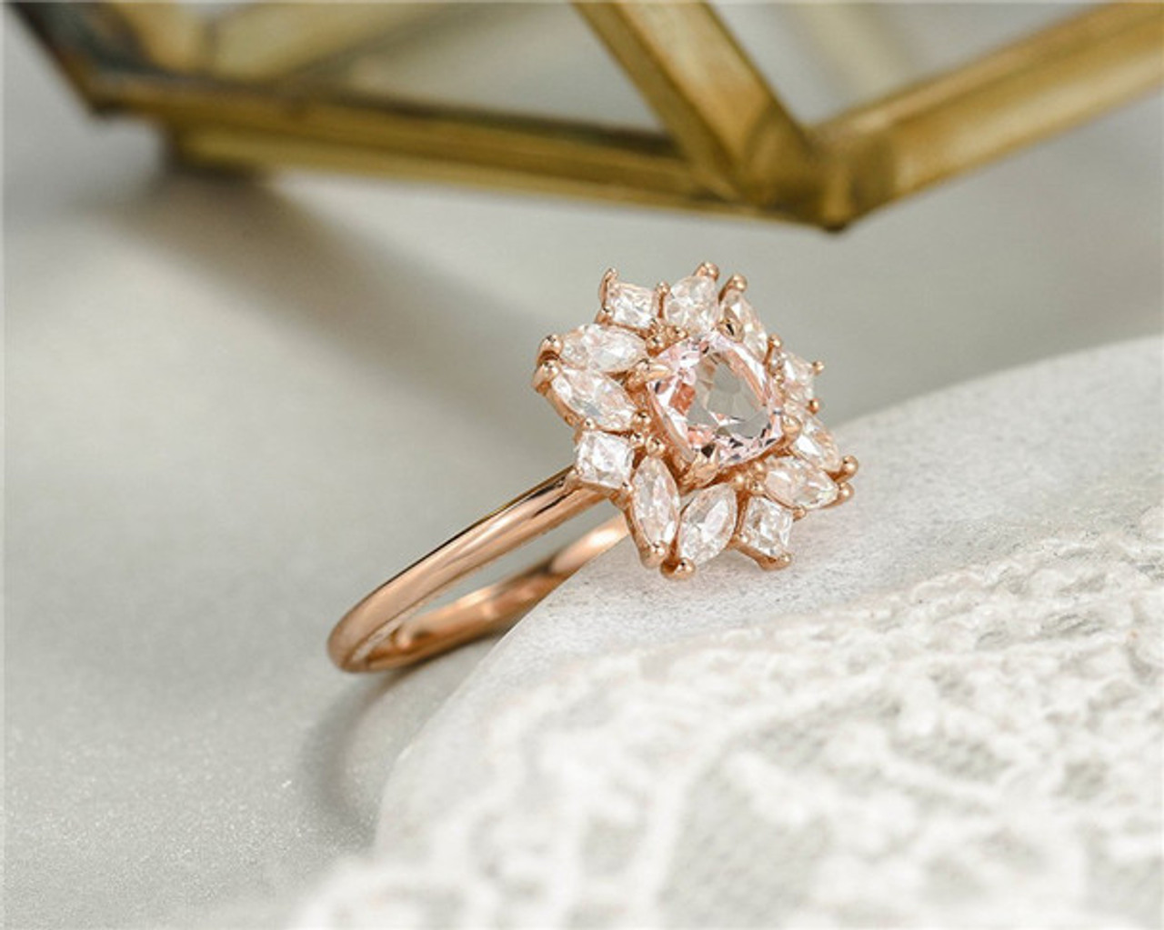 Cushion Cut Morganite Engagement Ring Rose Gold Halo Moissanite Promise ...