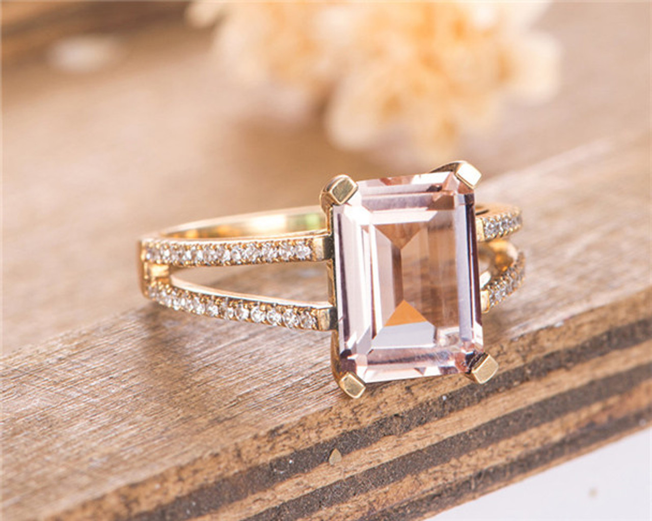 Morganite Engagement Ring Rose Gold Solitaire Emerald Cut Split Shank ...