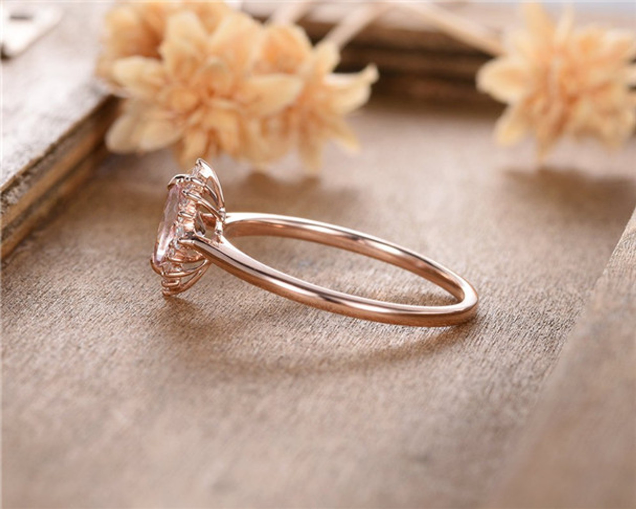 14k Rose Gold Morganite Flower Clover Diamond Halo Engagement