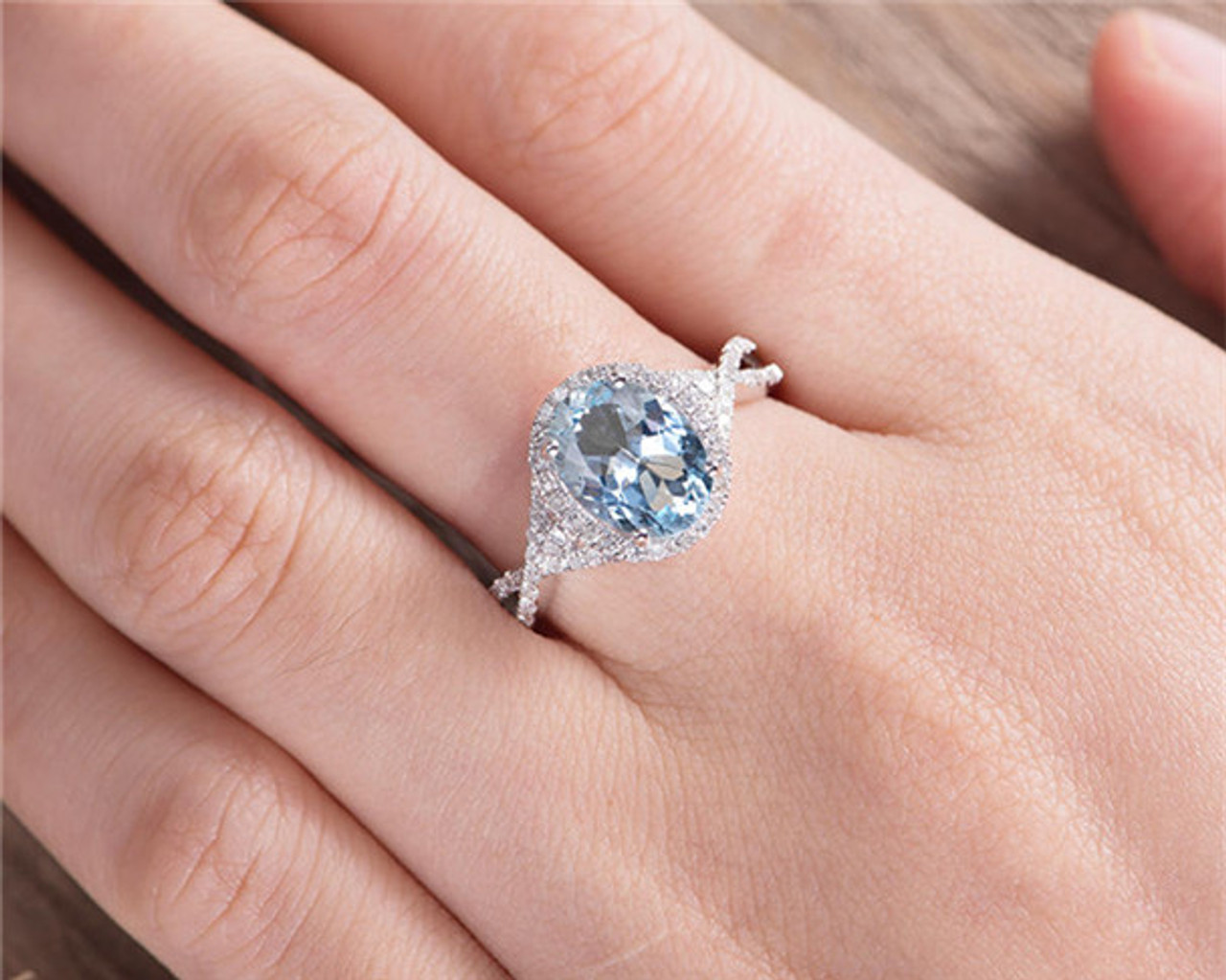 White Gold Aquamarine Engagement Ring Bridal Ring Halo Diamond Infinity ...