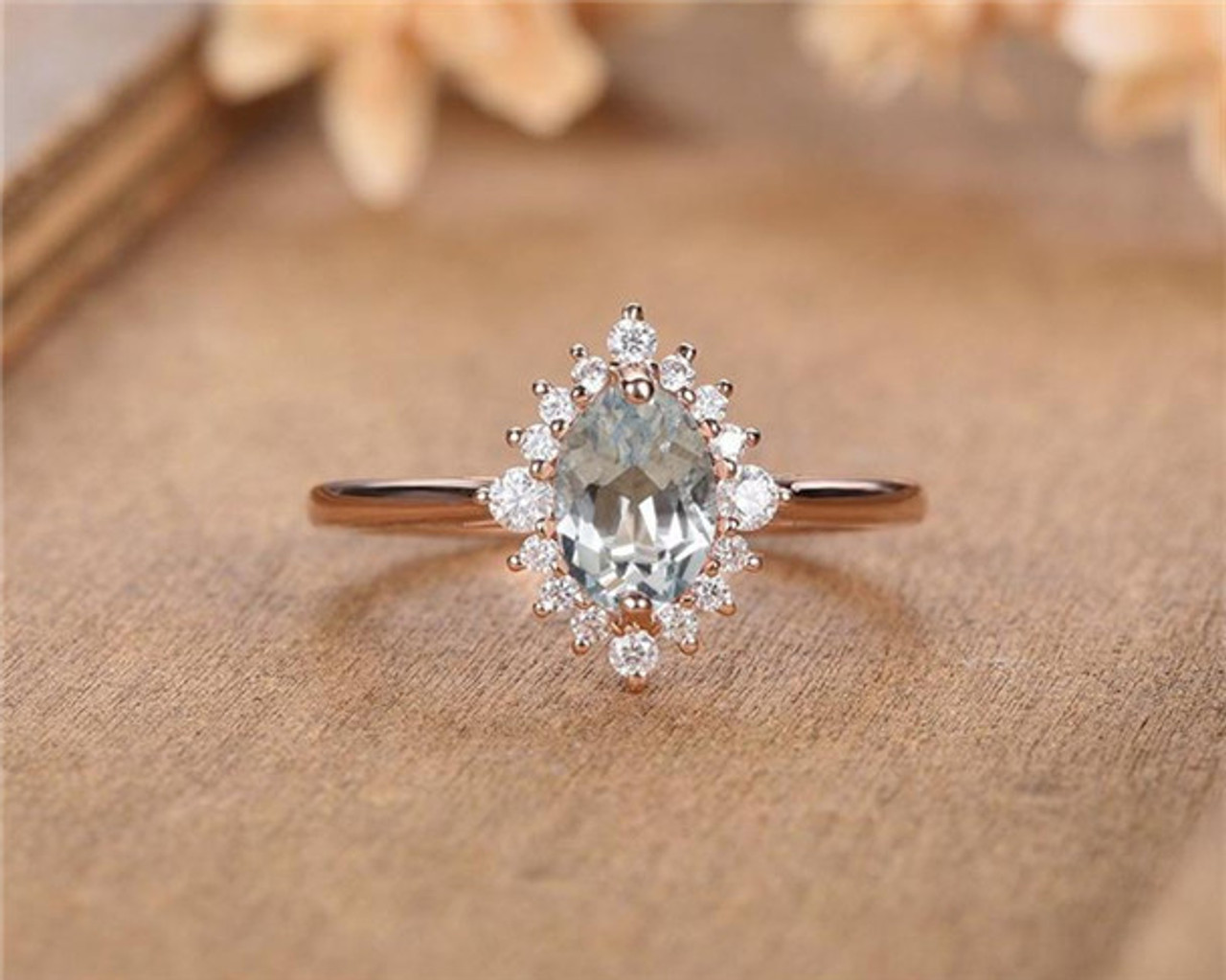 Aquamarine Ring Set Vintage Pear Shaped Aquamarine Engagement Ring Set Unique Halo Rose Gold Engagement Ring Women Moissanite Promise Ring 1pc