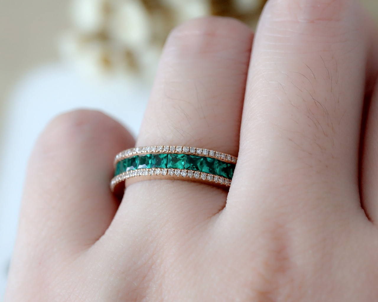 Emerald Wedding Band Infinity Rose Gold Women Eternity Stacking