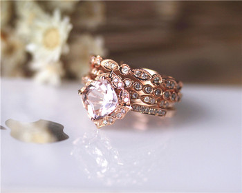 Vintage Cushion Morganite Ring Set Solid 14K Rose Gold Morganite ...