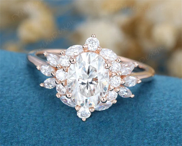 Oval cut Moissanite engagement ring rose gold Unique vintage engagement ring