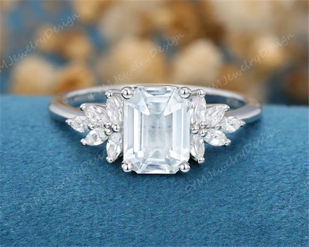 Emerald cut Moissanite engagement ring vintage unique white gold engagement ring
