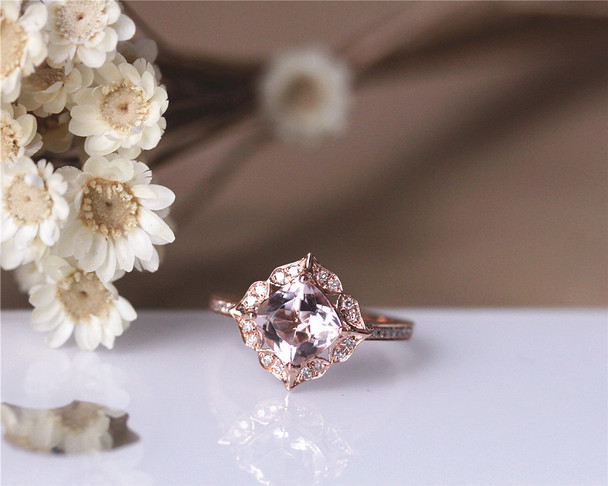 1.1ct Cushion Vintage Floral VS Morganite Engagement Ring Solid 14K Rose gold