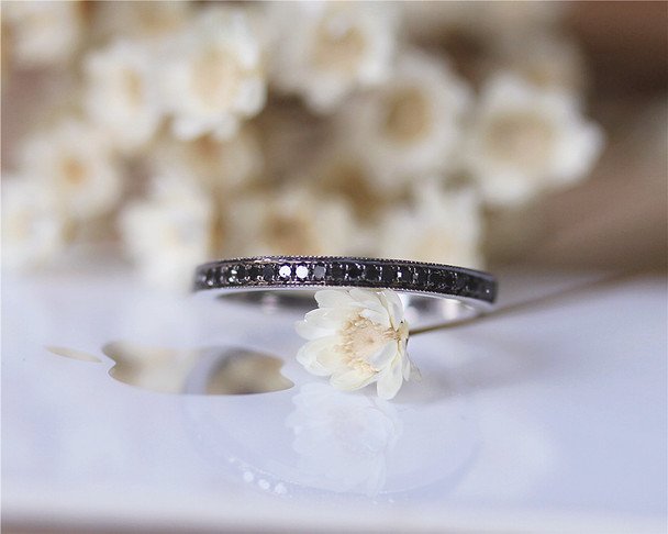 Unique Black Diamond Solid 14K White Gold Milgrain Diamond Engagement Band Diamond Wedding