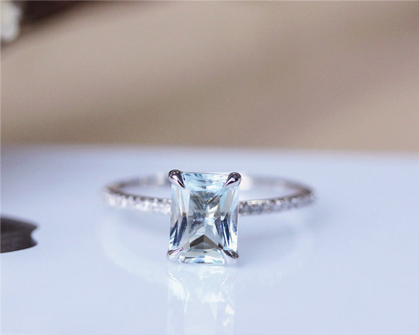 6x8mm Aquamarine Ring Solid 14K White Gold Aquamarine Engagement Ring Wedding Ring