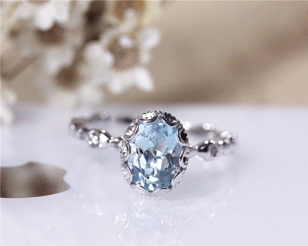 6x8 mm Oval Vintage Floral Natural Aquamarine Ring Solid 14K White Gold Aquamarine Ring