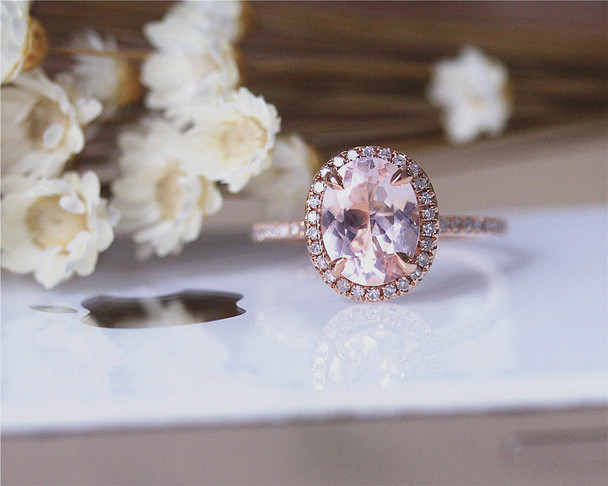 7x9mm Oval Natural Pink Morganite Ring Solid 14K Rose Gold Morganite Ring Stackable Wedding Ring