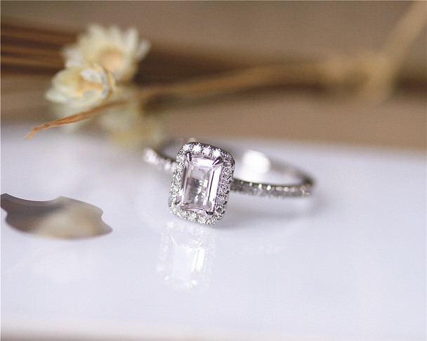 Gift Fine Engagement Ring Emerald Cut 4x6mm halo VS Morganite Ring Diamonds Ring Solid 14K White Gold 
