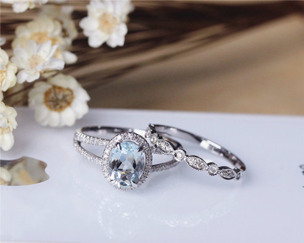 Oval Aquamarine Ring Set Solid 14K White Gold Aquamarine Engagement Ring Set Wedding Ring Set