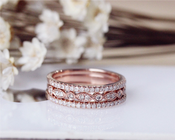 Wedding Ring Set Solid 14K Rose Gold Diamond Engagement Ring Set Half Eternity Stackable Matching Band