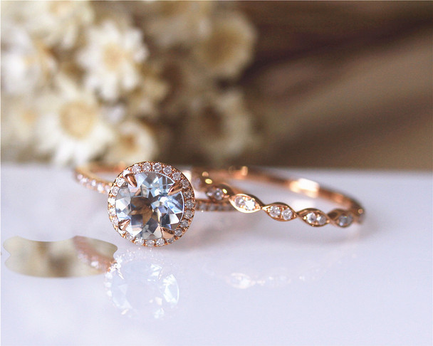 Christmas Discount! 7mm Round Cut Aquamarine Ring Set Solid 14K Rose Gold Engagement / Wedding