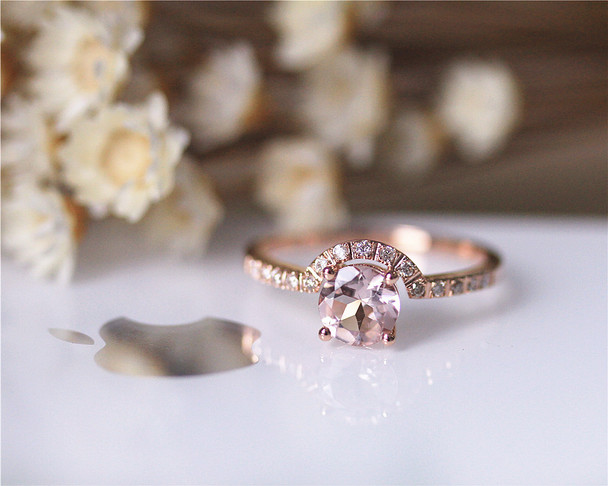 14K Rose Gold Ring Natural Pink VS Round Morganite Ring Engagement Ring Wedding Ring