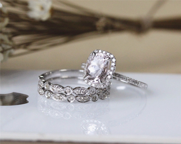 Solid 14K White Gold 6x8mm Oval Morganite Ring Set Wedding Ring Set Bridal Ring Set  Anniversary Ring Set