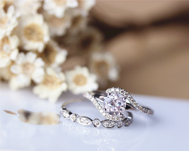 Fancy Solid 14K White Gold Ring Set 6mm Pink Morganite Ring Set Wedding Ring Set Bridal Ring Set