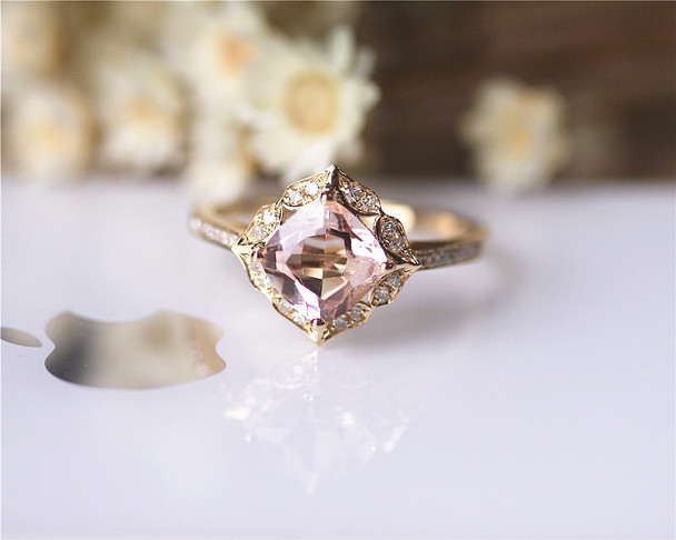 Solid 14K Yellow Gold Ring 7mm Cushion Vintage Floral Morganite Engagement Ring Wedding Ring