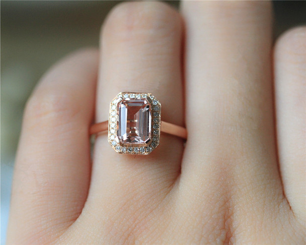 6x8mm Emerald Cut VS Pink Morganite Ring Wedding Ring Solid 14K Rose Gold Ring 