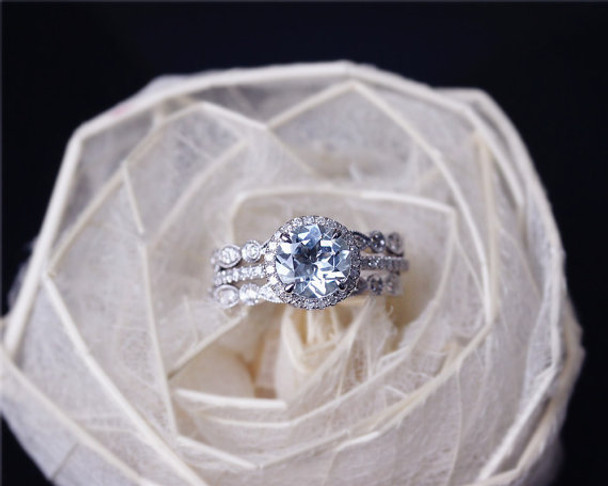 Valentine's Day Discount! 7mm Round Cut Aquamarine Ring Set Solid 14K White Gold Engagement