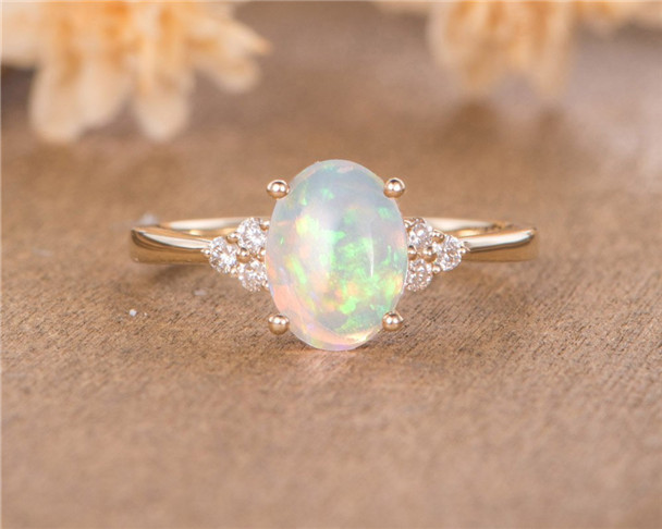 Oval Cut Natural Opal Engagement Ring Yellow Gold Bridal Cluster ...