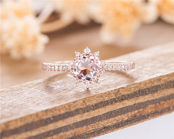 Morganite Engagement Ring Rose Gold Unique Halo Diamond Bridal Half Eternity Antique Wedding Ring