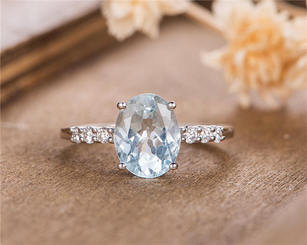 White Gold Aquamarine Engagement Ring Bridal Ring Solitaire Oval Cut Half Eternity Diamond Simple Wedding Ring