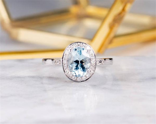 Aquamarine Engagement Ring White Gold Halo Diamond Oval Cut Half Eternity Simple Women Anniversary Antique Wedding Ring