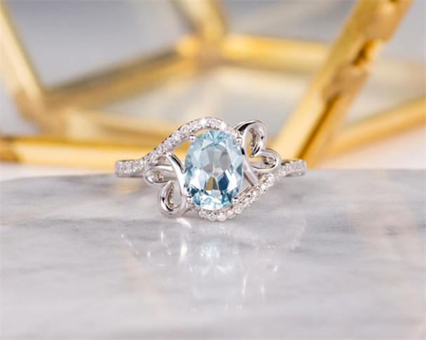 White Gold Aquamarine Engagement Ring Bridal Ring Butterfly Diamond Curved Shaped March Birthstone Women Anniversary Antique Wedding