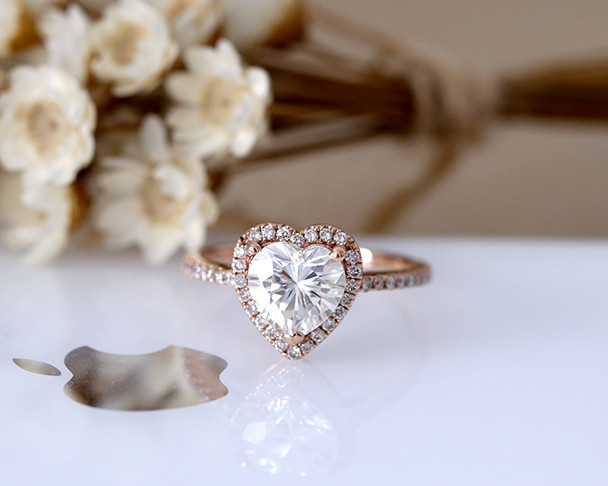 7mm Heart Cut Charles & Colvard Moissanite Engagement Ring Solid 14K Rose Gold Moissanite Ring Wedding Ring