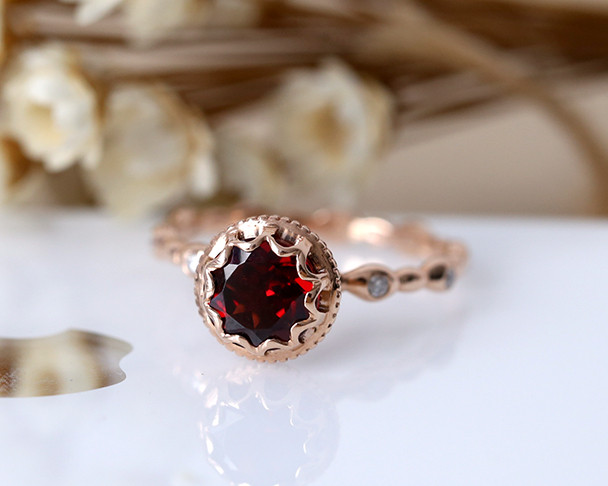 7mm Round Garnet Ring Solid 14K Rose Gold Wedding Ring Engagement Ring Anniversary Ring