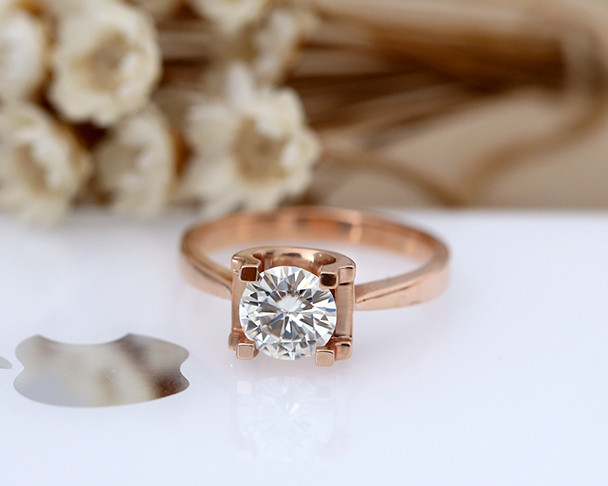 New Design! 1ctw Round Moissanite Ring Solid 14K Rose Gold Plain Gold Band Moissanite Engagement Ring