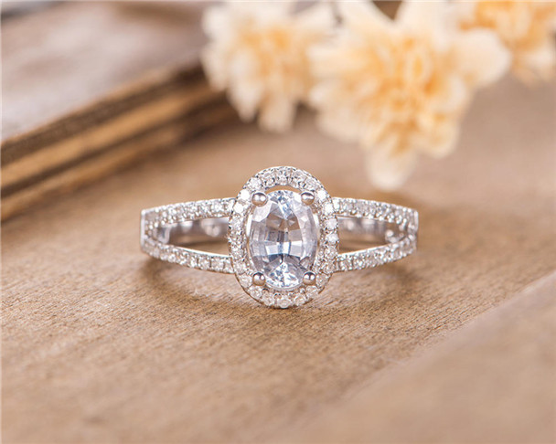 White Sapphire Engagement Ring Oval Cut White Gold Bridal Birthstone Anniversary Gift