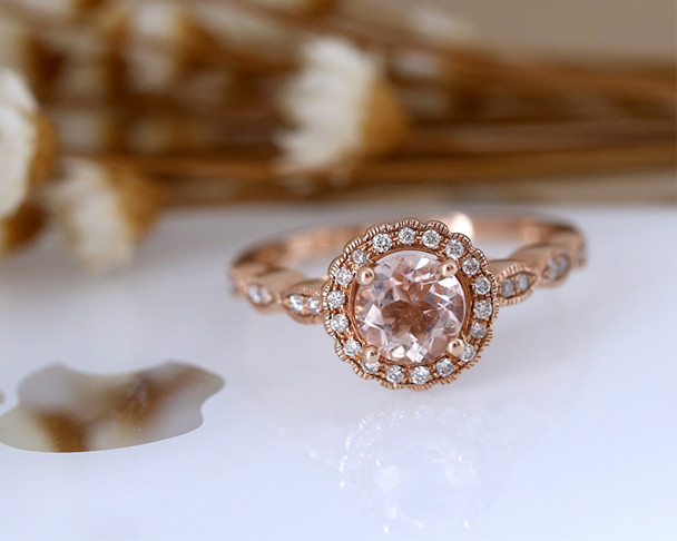 Fancy Unique Floral Morganite Ring 6mm Round Natural Morganite Engagement Ring 14K Rose Gold Diamond Halo Promise Ring