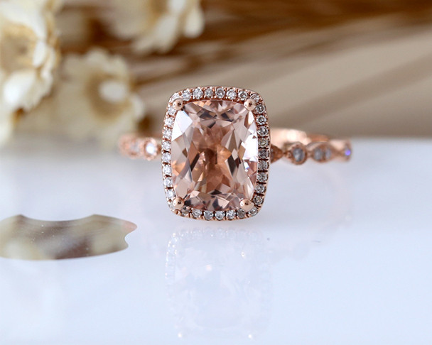 Long Cushion Cut 8*10mm Light Pink Stone Natural VS Morganite Engagement Ring Halo Diamond Wedding Ring 14K Rose Gold Promise Ring