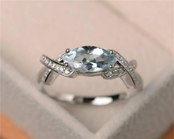 Wedding ring,VS Blue Aquamarine Ring,March Birthstone,5*10mm Marquise Cut Gemstone,Sterling Silver Ring