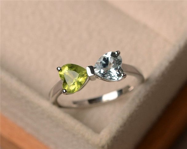 Heart Shape Aquamarine Ring,Double Stone Ring,Sterling Silver Ring For Women,Peridot ring,Birthstone Ring