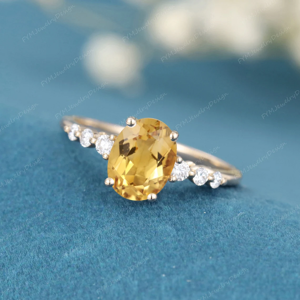 Oval shaped Citrine Yellow gold engagement ring for women Unique engagement ring