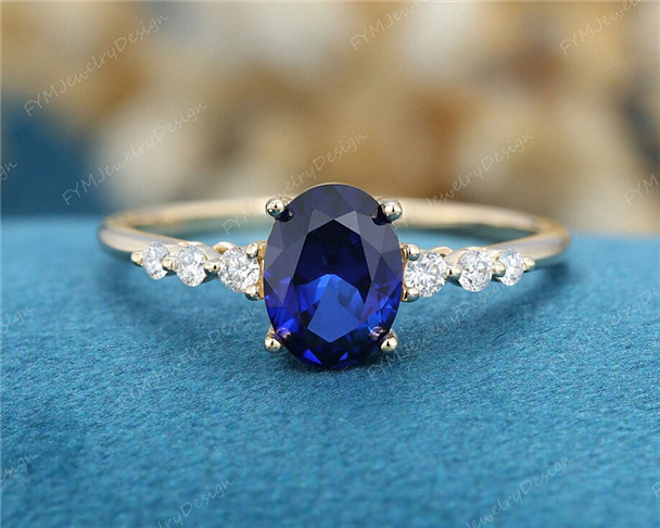 Lab blue sapphire yellow gold engagement ring vintage diamond wedding Bridal Ring