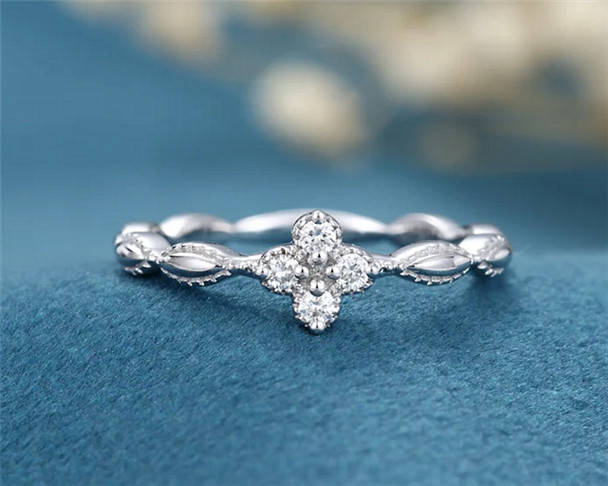 Flower engagement ring vintage 14K white gold Eternity Milgrain wedding women Diamond Ring