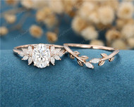 Art Deco Oval cut moissanite engagement ring set vintage rose gold Cluster engagement ring set