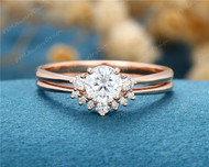 Unique Moissanite engagement ring set Cluster Three stone Rose gold engagement ring for women