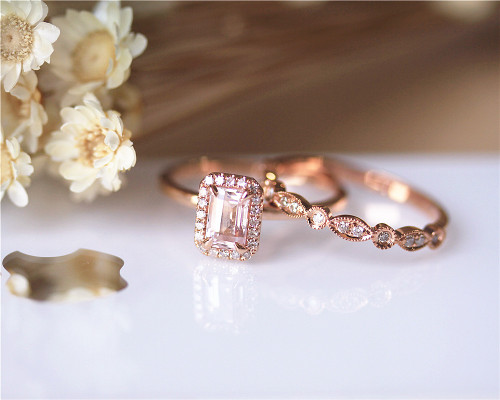 Natural Morganite Engagement Ring Set Solid 14K Rose Gold Ring Set ...