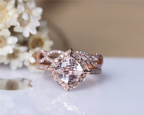 Cushion Morganite Engagement Ring Set Solid 14K Rose Gold Morganite ...