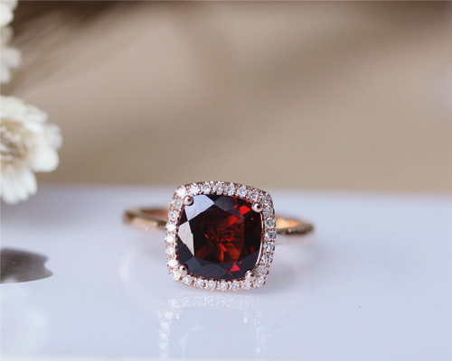 8mm Cushion Garnet Ring Solid 14K Rose Gold Wedding Ring Engagement ...